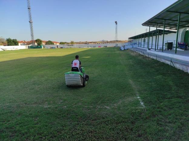 Tondeuse autoportée sur un terrain de sport engazonné